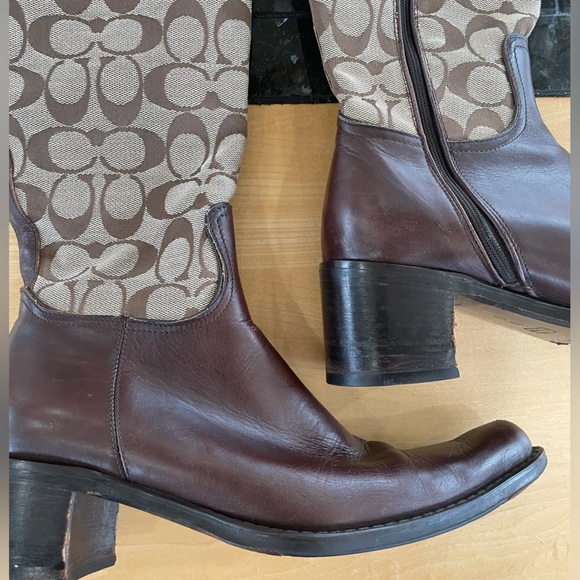 Coach Olivia P156 G2 Tall Heeled Boot Logo Signature Jacquard Brown Leather 7.5 - Picture 12 of 16
